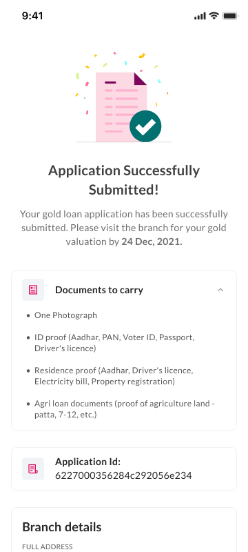Application submitted confirmation with documents to carry checklist